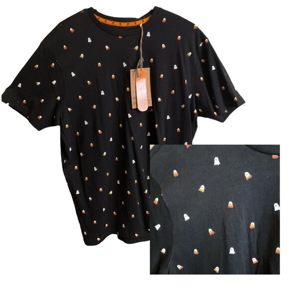 Free Planet Spooky T-Shirt Men's SZ L Black Candy Corn Ghosts Halloween Skulls - Picture 1 of 5